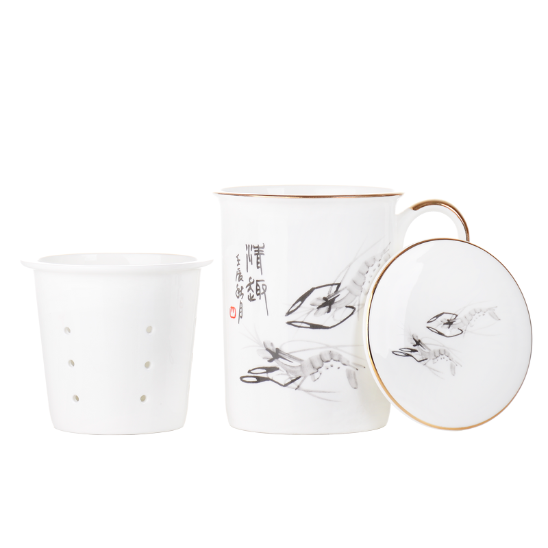 瑞玖（RUIJIU）唐山骨瓷杯平盖茶漏杯描金陶瓷杯子水杯带过滤茶杯带礼盒送人杯子 水墨虾款（手工描金带礼盒）