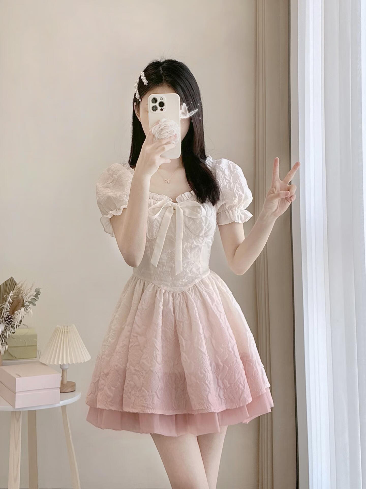 诗枫言甜美渐变粉公主蓬蓬连衣裙夏季法式小个子收腰显瘦纯欲超仙女