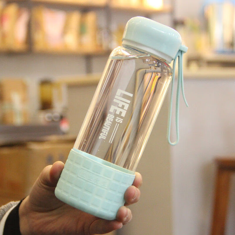 玻璃杯便携杯子女学生创意耐热水瓶韩国清新可爱简约韩版网红水杯 450ml方盖玻璃杯蓝色