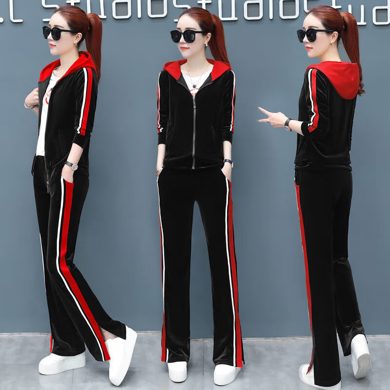 w金丝绒休闲运动服套装女2020春秋新款妈妈装卫衣大码女装三件套潮