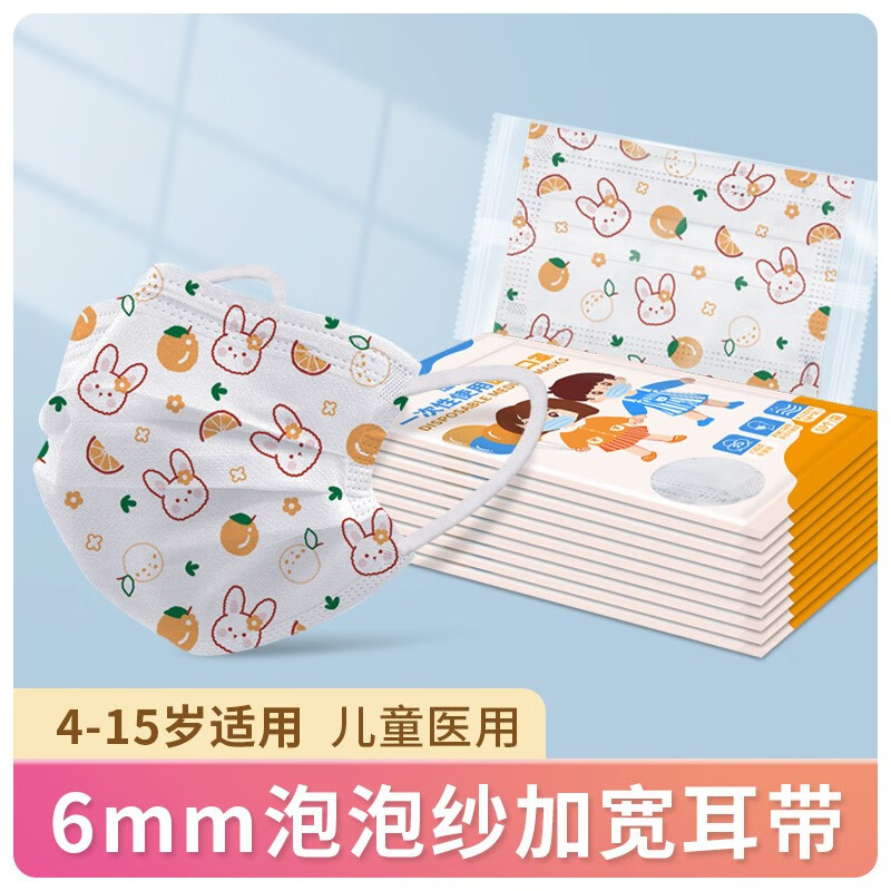 6岁6-12岁儿童适用口罩外科男女童孩宽耳带彩色/ 橙子兔6mm泡泡纱耳带