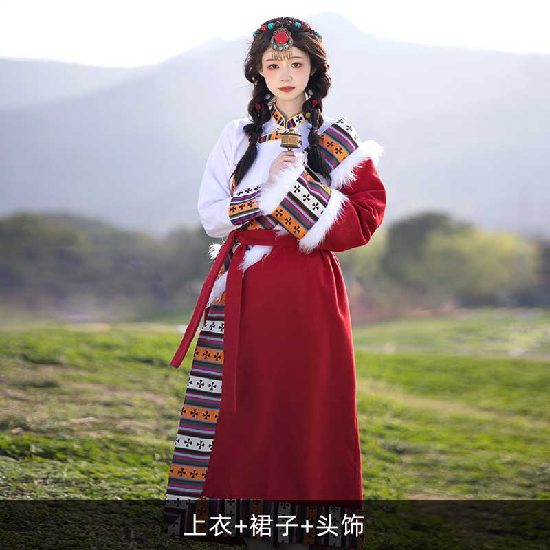 藏族舞蹈服装女套装西藏写真旅游藏袍长裙少数民族服丁真藏装藏服新款 枣红色套装 S