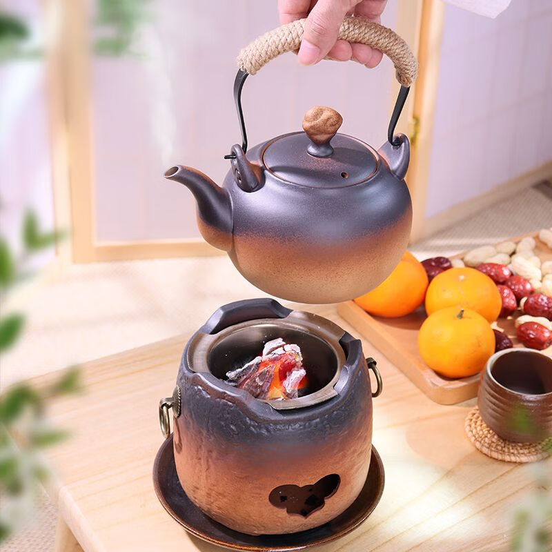 棉小城潮州陶瓷炭炉煮茶器煮碳炉老式酒精炉家用室内户外烧水壶围炉茶具 MXC-622【富贵提梁壶】800ml