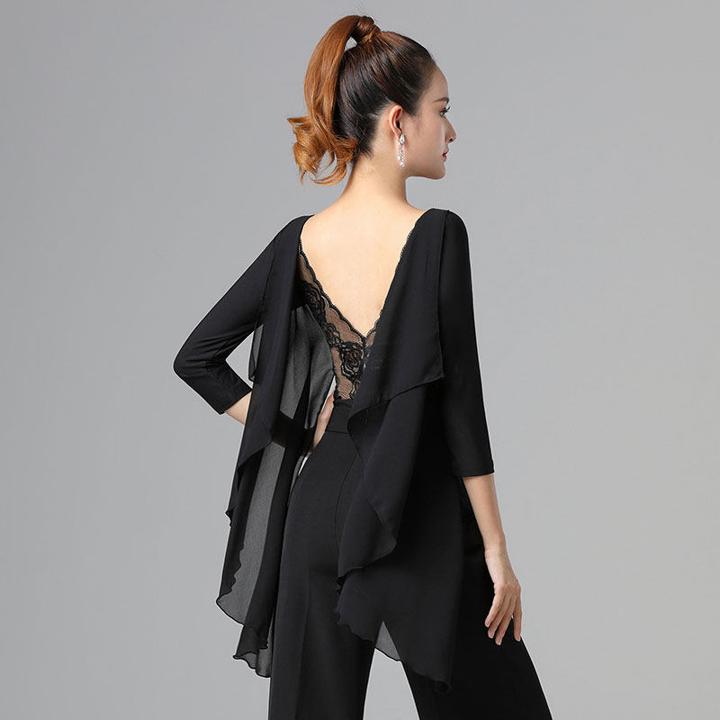 衣服品牌时尚拉丁舞服装新款国标舞上衣连体网红 后蕾丝蝴蝶长飘七分