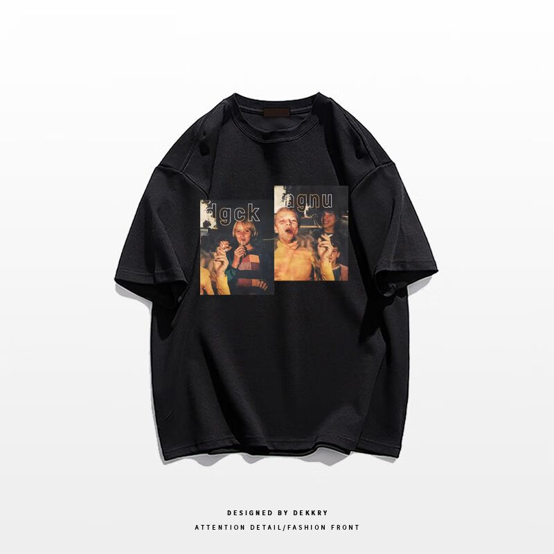 宝秀妍  棉质短袖t恤男夏季美式高街复古潮流百搭小众人物 抽烟男孩