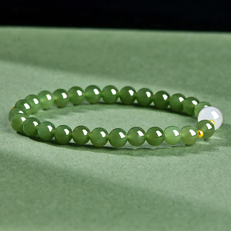 可玉可求直播选货 和田玉手链 女款浅青色圆珠玉石手串 足金搭配珠宝玉器 约6毫米 D2258q