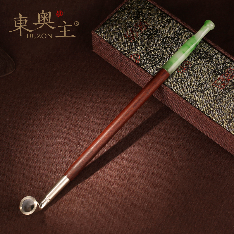 玉石嘴旱烟袋红檀木杆烟枪男士传统创意黄铜烟斗 20cm 加长玉石烟斗