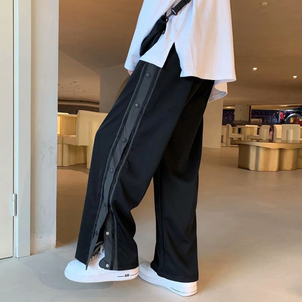 赢兽排扣裤男全开运动子士春夏潮流宽松直筒阔腿裤扣百搭美式篮球长裤