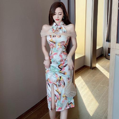 恺吉锐旗袍裙新款高档夏装中长款挂脖无袖开叉风性感改良旗袍连衣裙