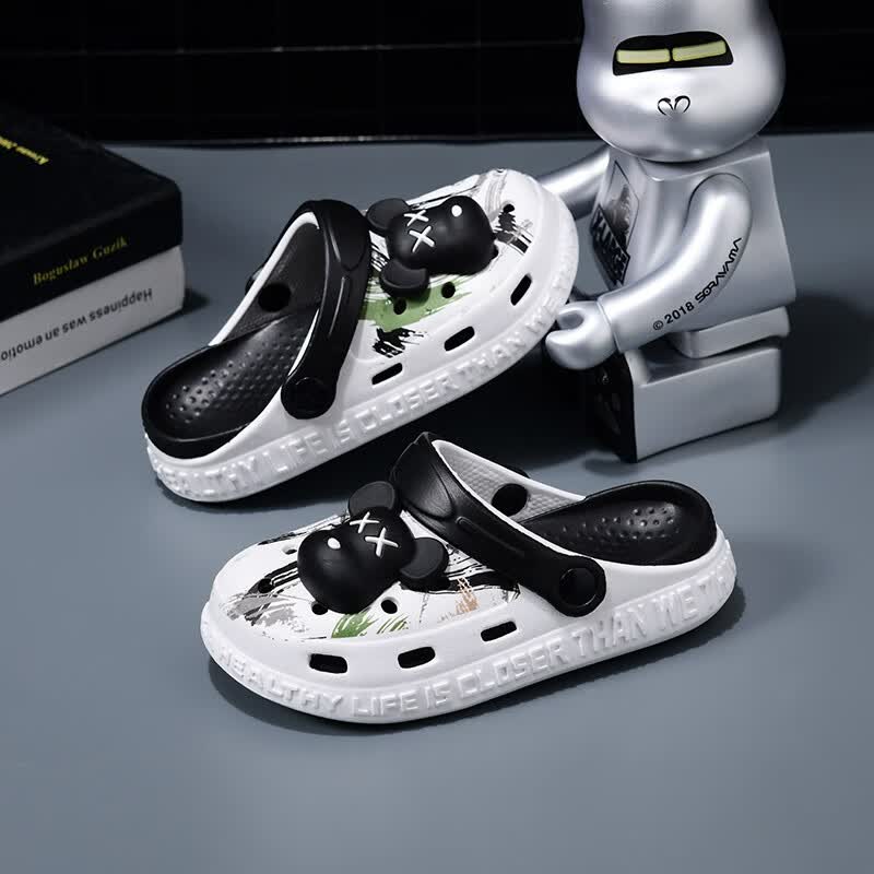 凉鞋夏季防滑凉拖鞋男孩中大童宝宝拖鞋外穿沙滩鞋 黑白(立体黑熊) 24