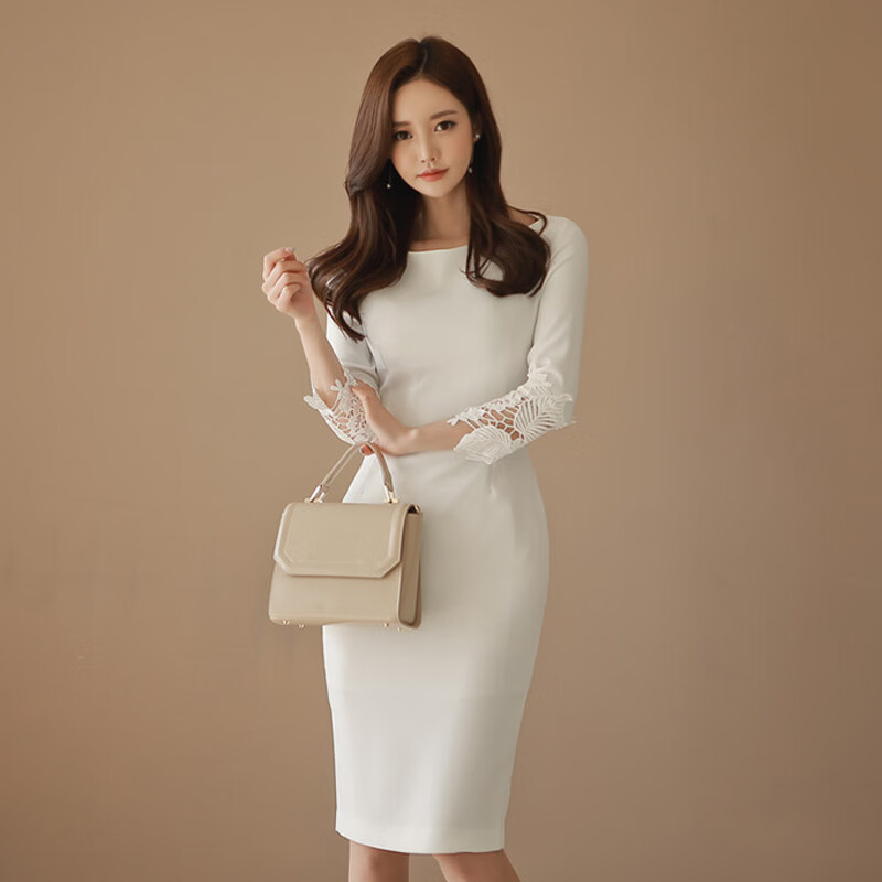 荣西图(rongxitu)连衣裙女装2024春韩版修身时尚纯色圆领蕾丝包臀一步