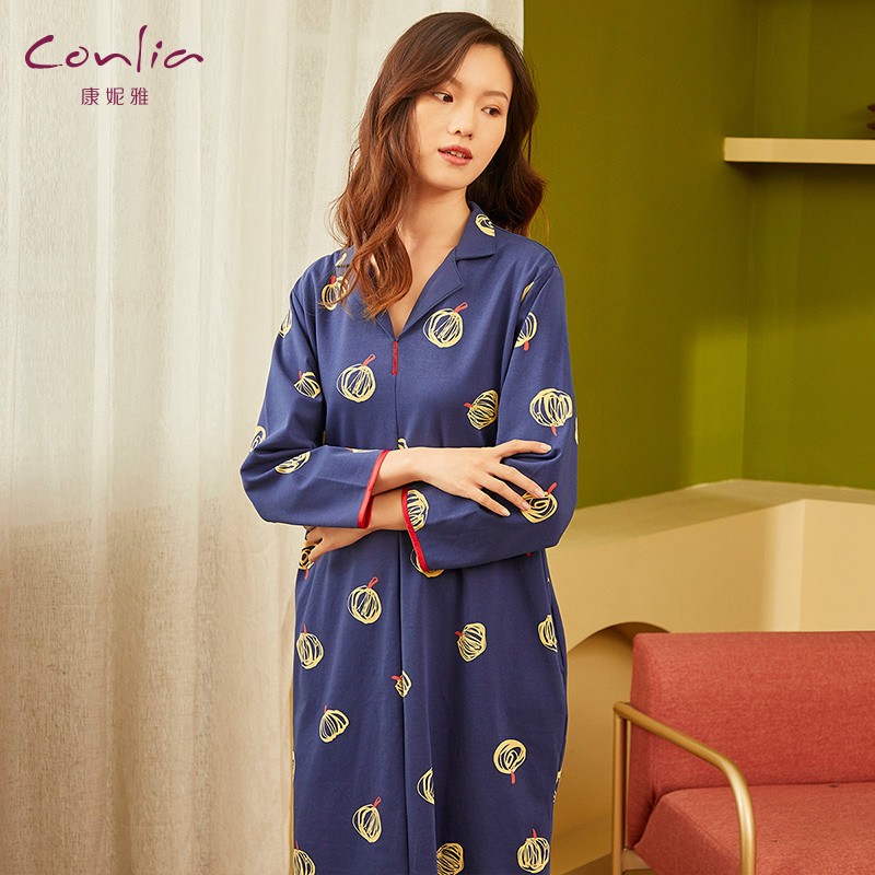 康妮雅 睡裙女秋冬新款纯棉女士睡衣长袖宽松家居服休闲可外穿裙装 夜