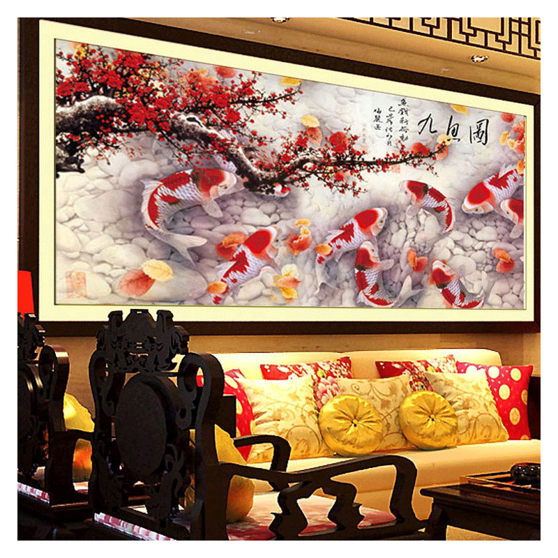 织巢鸟(oneroom) 纯手工十字绣成品九鱼图九鱼聚财鸿运当头客厅办公室