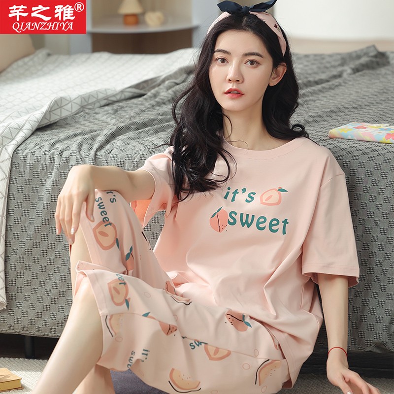 hiya)女士睡衣夏季纯棉短袖7分裤套装新款夏天薄款女生可爱外穿居家服