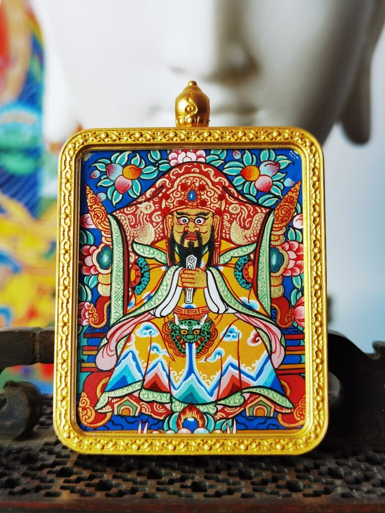 画喜青海热贡唐卡手绘龙五爷随身小唐卡吊坠财神唐卡