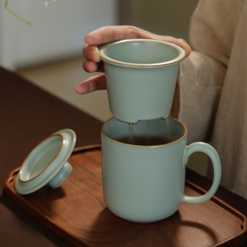 青澹汝窑办公茶杯茶水分离会议杯陶瓷杯茶杯景德镇纯手工无奇杯 无奇杯-350ml 天青色