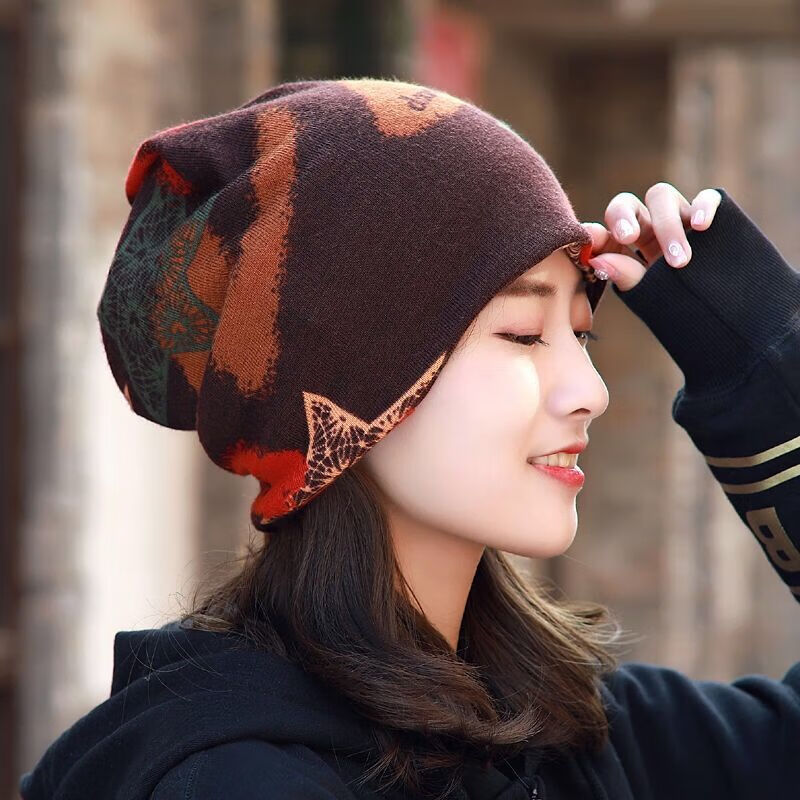 (帽子围脖二合一)秋冬帽子女韩版头巾帽保暖多功能月子帽包头帽 大星星咖啡色