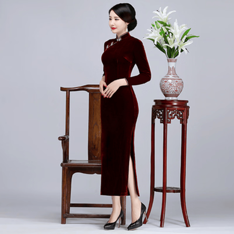 NZGLR金丝绒旗袍高档旗袍长袖长款过膝女新款妈妈装春秋装婚礼服中老年 酒红纯色加绒加厚长款 L使用感如何?