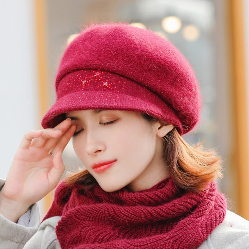 尊题(zunti)帽子女秋冬新款加厚帽子纯色八角帽兔毛针织毛线帽中老年