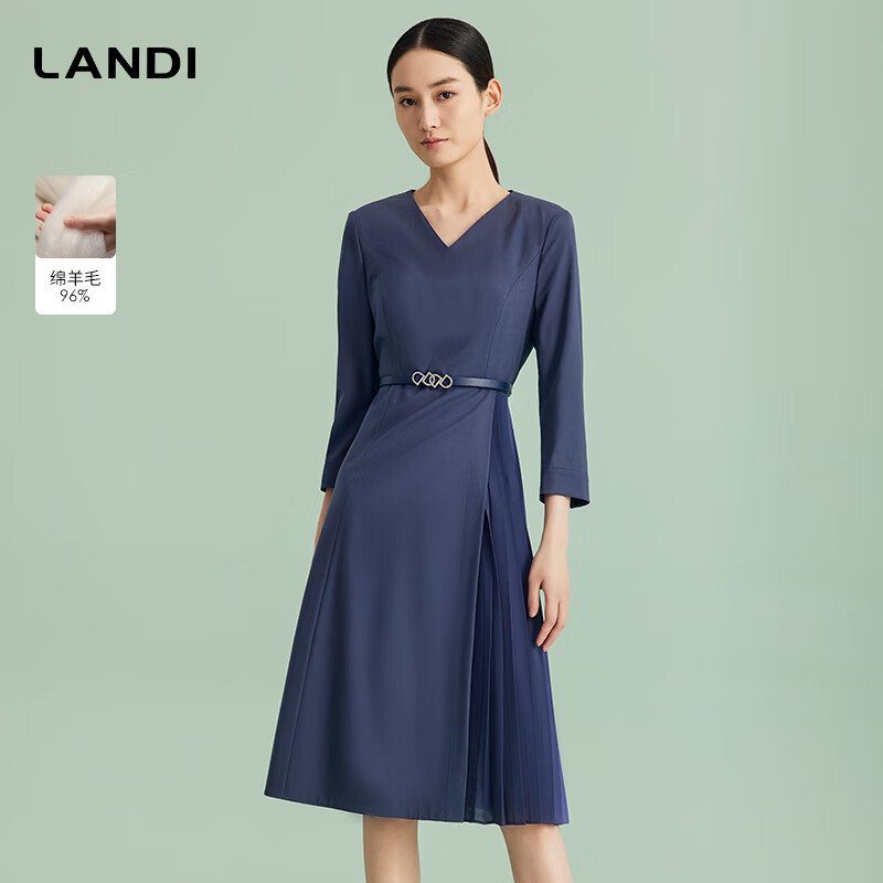 蓝地（LANDI）[商场同款]V领设计感职业连衣裙女收腰压褶下摆春夏新品 藏蓝色 2XL