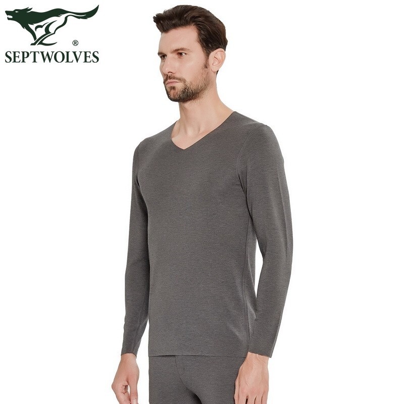 七匹狼保暖内衣男抗菌可升温8.3℃德绒无痕极地循环吸湿发热黑科技套装 暴雨灰V领280g专业暖 XL (175) （推荐体重130-150斤）
