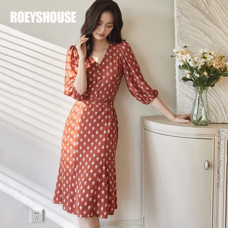 roeyshouse罗衣印花连衣裙春夏女装新款灯笼袖系带鱼尾摆中裙06168