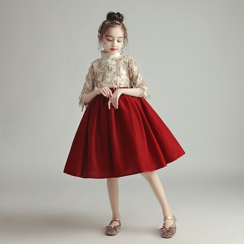 儿童公主裙蓬蓬纱女童生日高端礼服小孩主持人钢琴演出服花童洋气 红色短款 120