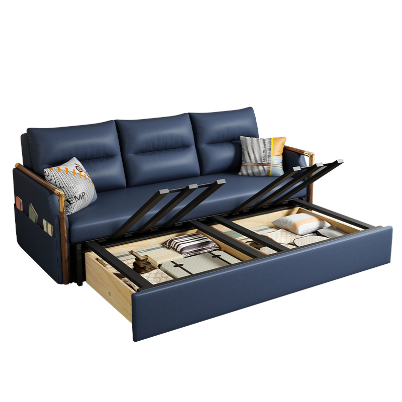 西堡迪 中式实木沙发床两用单人轻奢客厅科技布抽拉式多功能一体折叠床 深蓝色 1.18米海绵款带储物