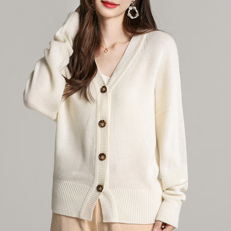 韩版宽松针织外套女v领常规袖毛衣纯色时尚开衫外搭针织毛衣女潮 米色