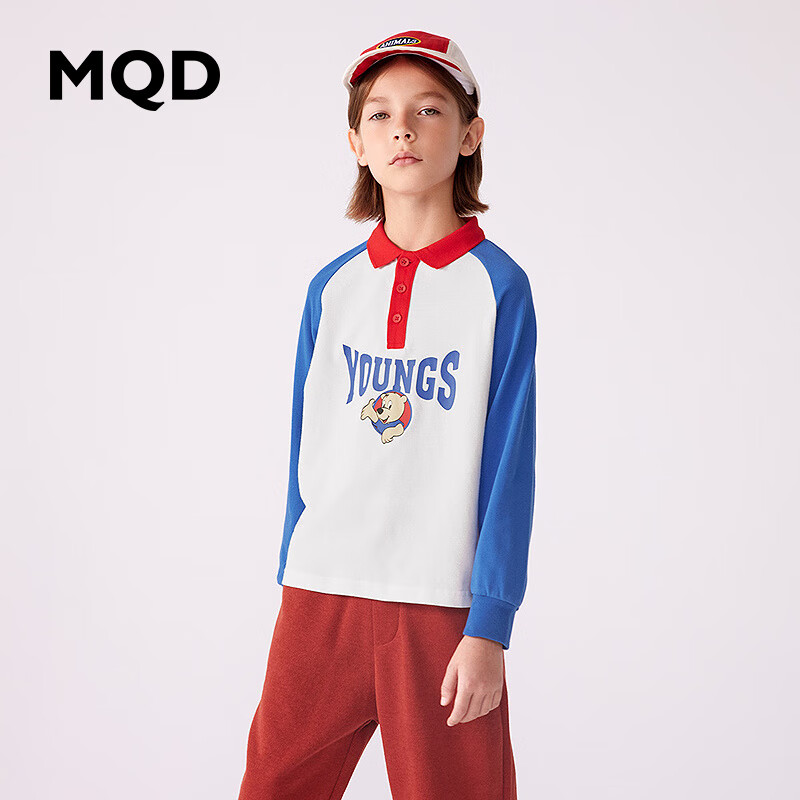 MQD男小童POLO衫撞色卡通印花儿童翻领上衣时尚潮酷 宝蓝 120