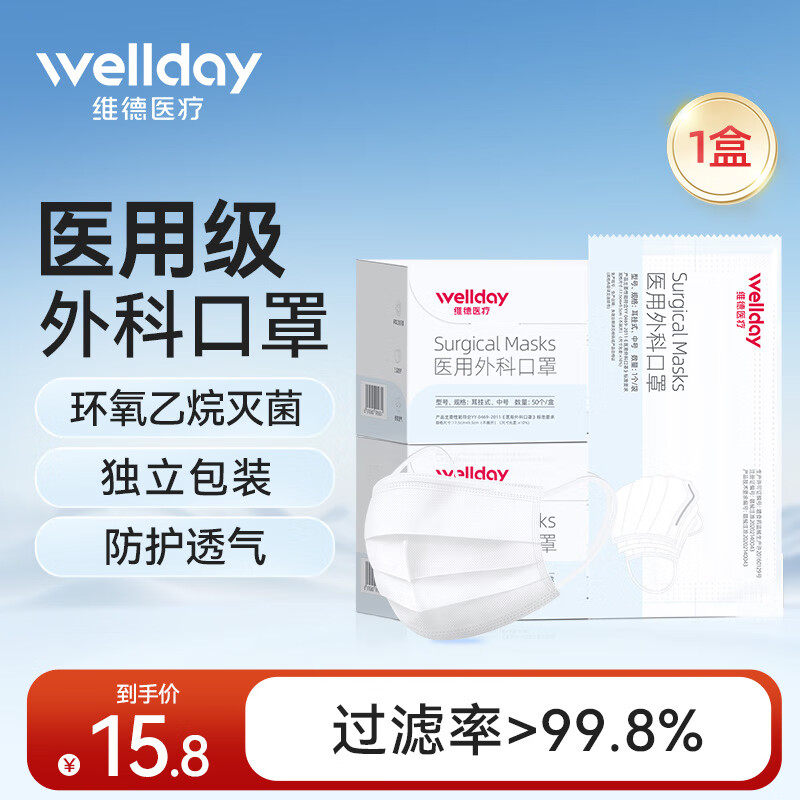 维德（WELLDAY）一次性医用外科口罩灭菌级挂耳式防尘防晒轻薄透气防细菌病毒飞沫 【独立包装灭菌】白色50只/盒