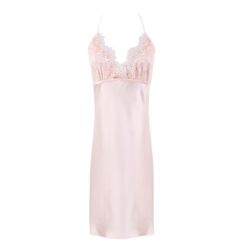 狄蘭絲(dilansi)性感露背真絲吊帶睡裙100%桑蠶絲蕾絲睡裙V領(lǐng)系帶掛脖誘惑純欲風 深紫色(6A級100%桑蠶絲) L (建議105-120斤)