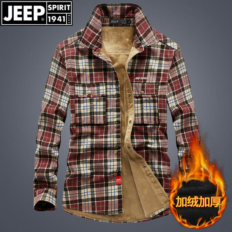 JEEP（吉普）格子衬衫男长袖加绒加厚秋冬季新款男士纯棉休闲衬衣保暖外套男装大码上衣 红格 M