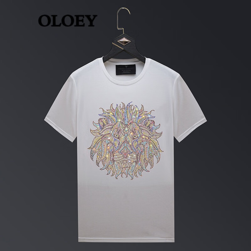oloey 乐乐兔香港潮牌狮子头烫钻t恤男潮流休闲大码体恤衫丝光棉短袖
