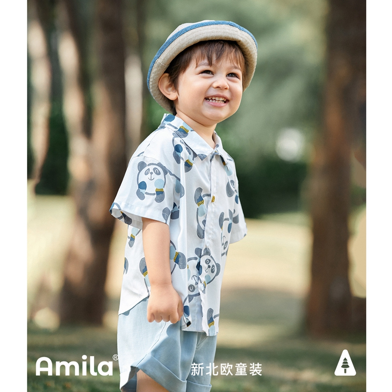 阿米拉（AMILA）啊咪啦套装新款夏装男女宝宝熊猫套装抗皱弹力衬衫短裤两件套 雾蓝 110cm
