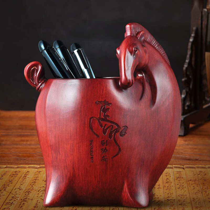 蓮善堂馬到成功筆筒擺件辦公室桌面書(shū)房擺放創(chuàng)意中國(guó)風(fēng)實(shí)用復(fù)古工藝品 花梨木色19300馬到成功筆筒