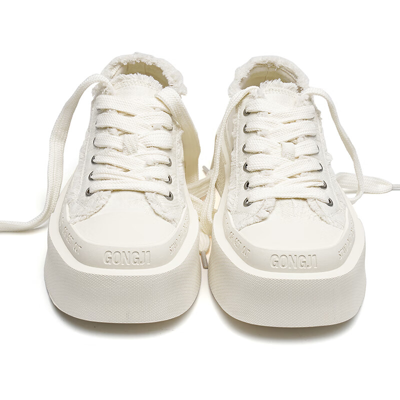 共迹gongji【于文文同款】25秋季新款女鞋方头帆布鞋厚底增高小白鞋休闲板鞋 象牙白 /偏大一码 35 （228mm）