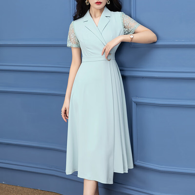 首尚格释绿色连衣裙女夏款女装2025年新款时尚气质西装领短袖收腰显瘦裙子 绿色 M