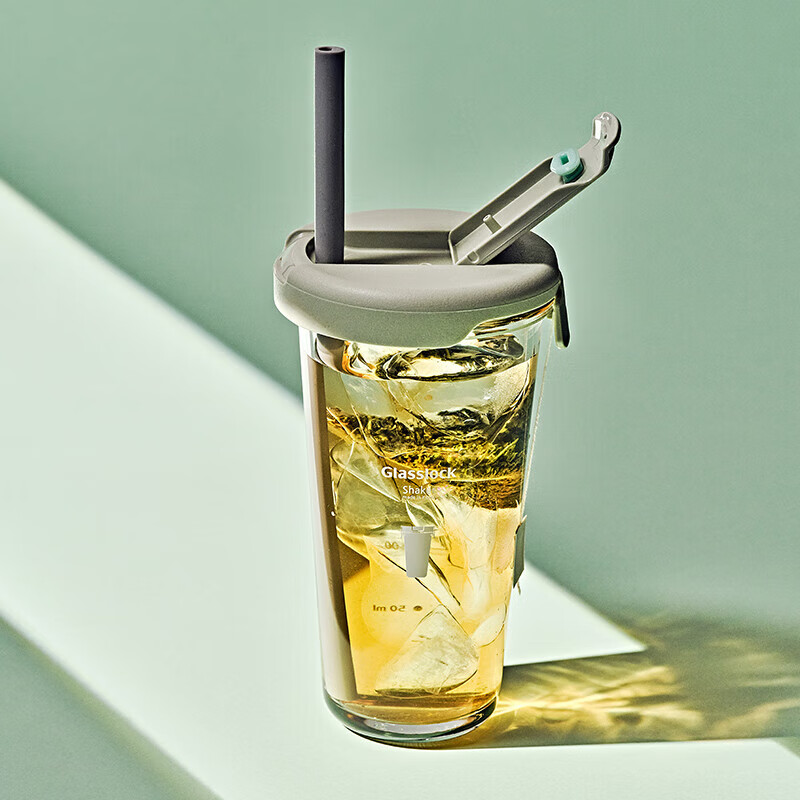 Glasslock玻璃水杯男女咖啡果汁杯学生高颜值带吸管直饮刻度杯