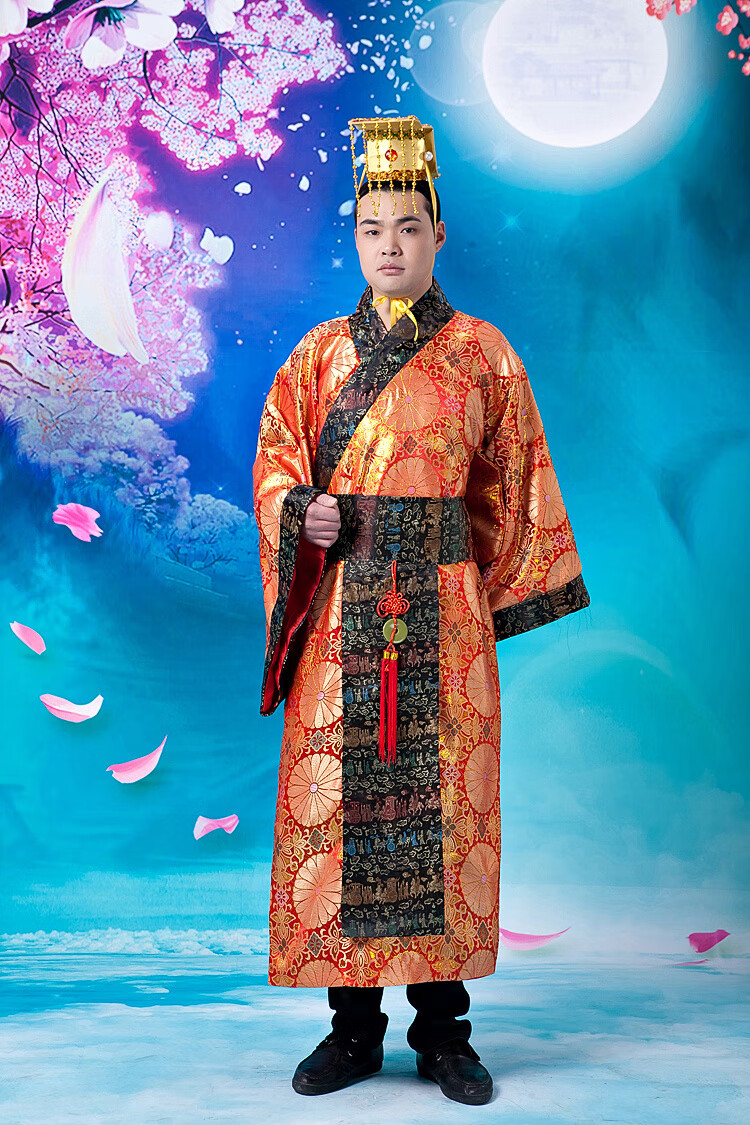 思鸞男 古裝唐龍皇帝龍袍服裝演出服 漢唐朝大臣 太子唐裝漢服寫(xiě)真服 桔色 均碼