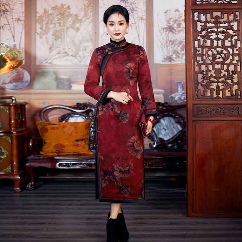 华族经典2022新款秋冬加厚长款女高端气质中国风优雅妈妈旗袍长袖 120