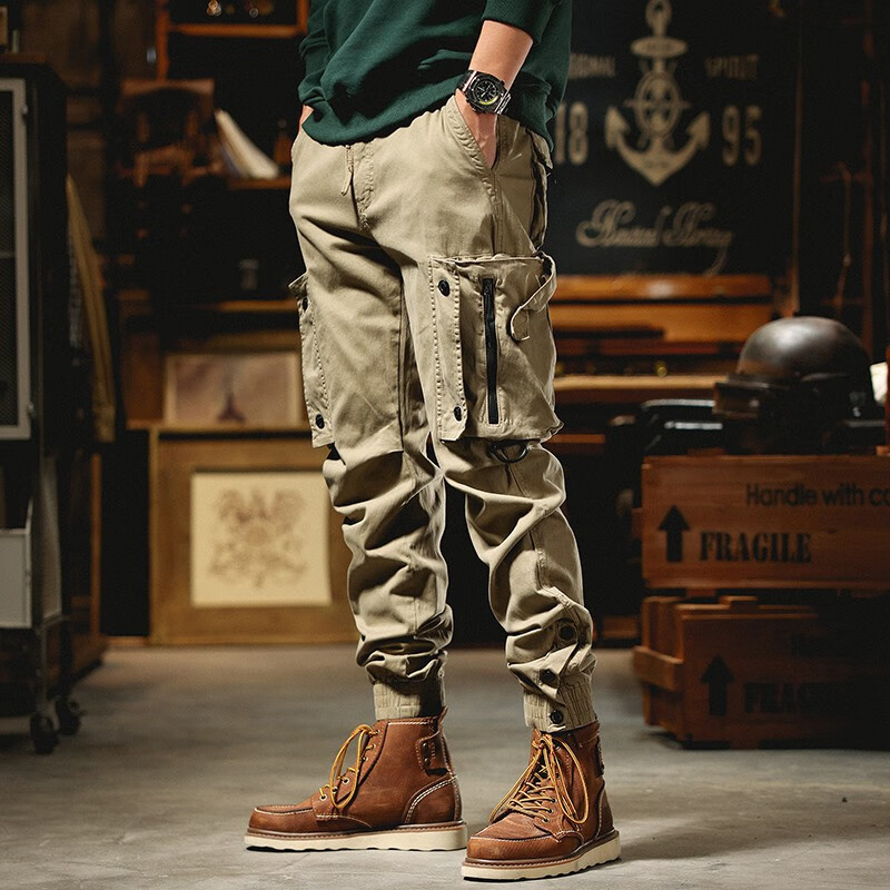 潮天士重磅美式工裝褲男寬松休閑褲男士潮牌彈力拉鏈口袋排扣戶外戰(zhàn)術(shù)束腳褲男生抽繩束腿男褲胖子大碼長(zhǎng)褲子 卡其色 28【90-100斤】