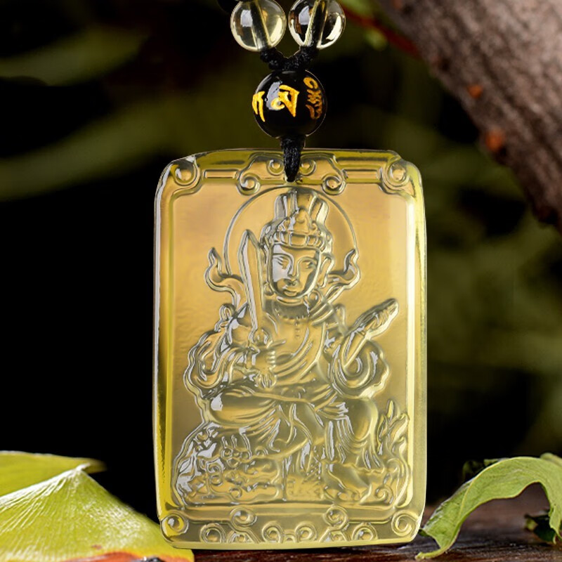 紫葶天然黄水晶文殊吊坠 生肖属兔本命佛水晶项链情侣款饰品挂件 文殊