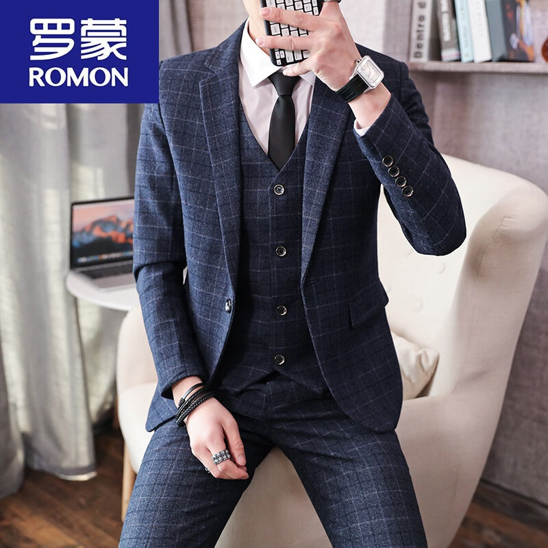 男士修身帅气结婚新郎礼服春秋格子韩版潮流西装男三件套 205藏蓝