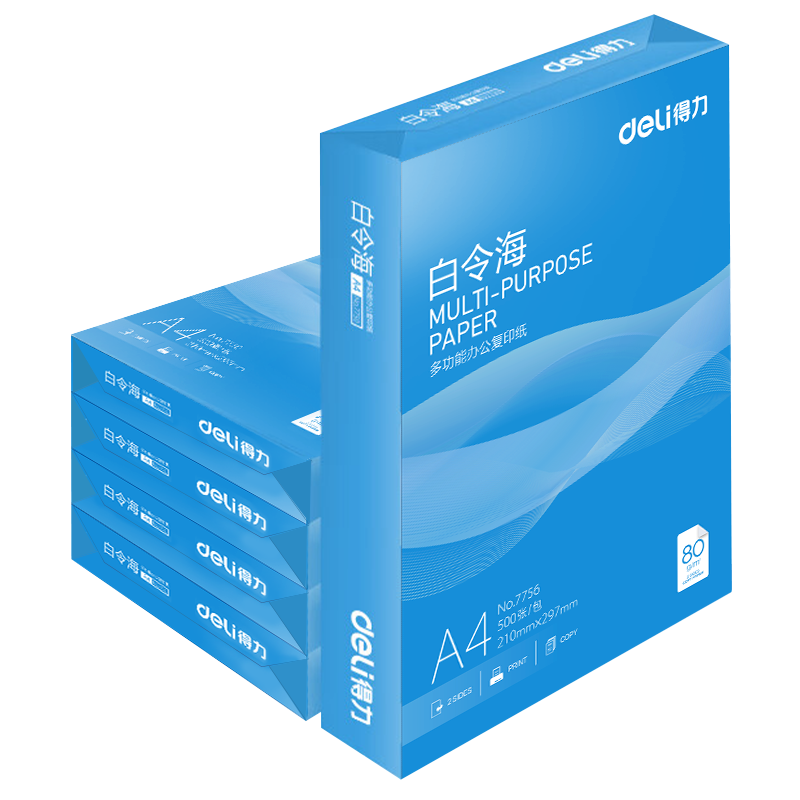 得力（deli）白令海A4打印纸 80g500张*5包一箱 双面加厚 高性价比复印纸 整箱2500张 7763【经济热销】