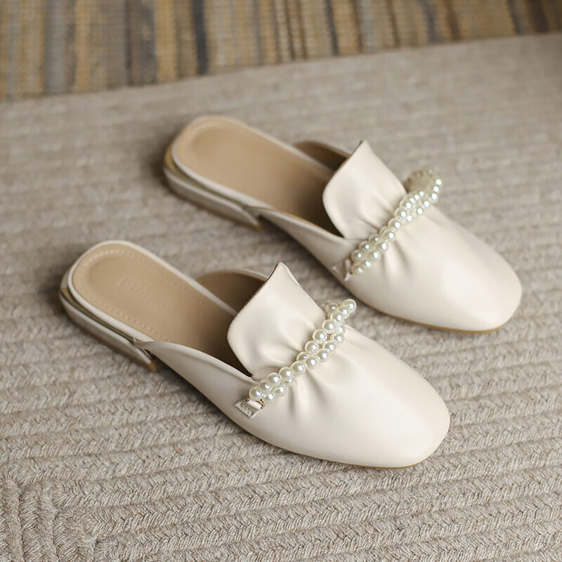 安源小子时装女鞋无后跟夏季皮鞋没有后跟的鞋子中跟包头半拖女外穿半