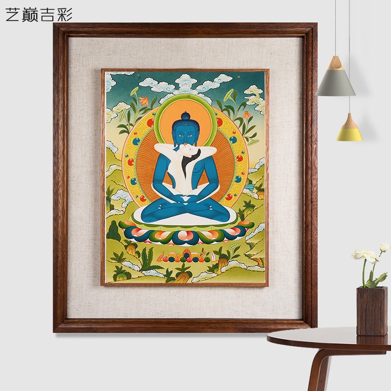 艺巅吉彩 普贤王如来唐卡 藏式手绘客厅玄关实木装饰画尼泊尔手工壁画
