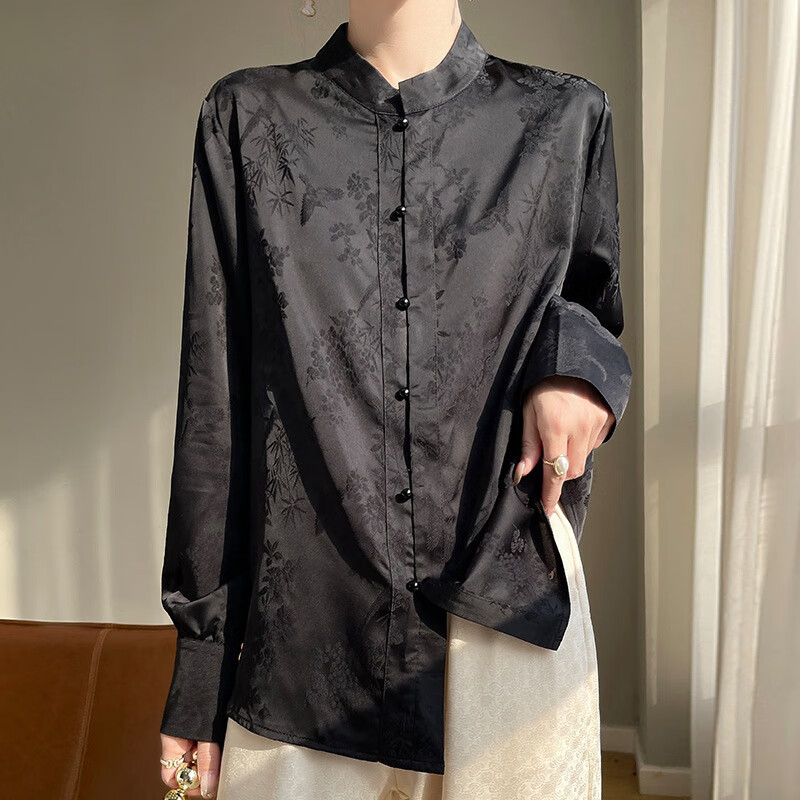 2024春装简约纯色宽松廓形百搭大气飘带立领女式长袖衬衫