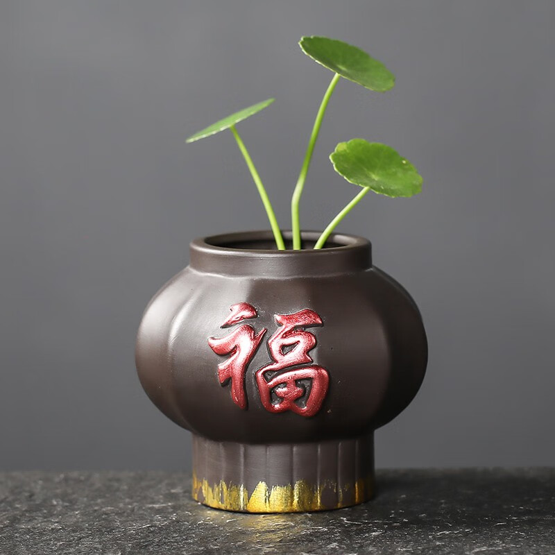 紫创意泥彩绘花瓶迷你禅意茶艺摆件 单个指尖花器--灯笼有福--紫泥
