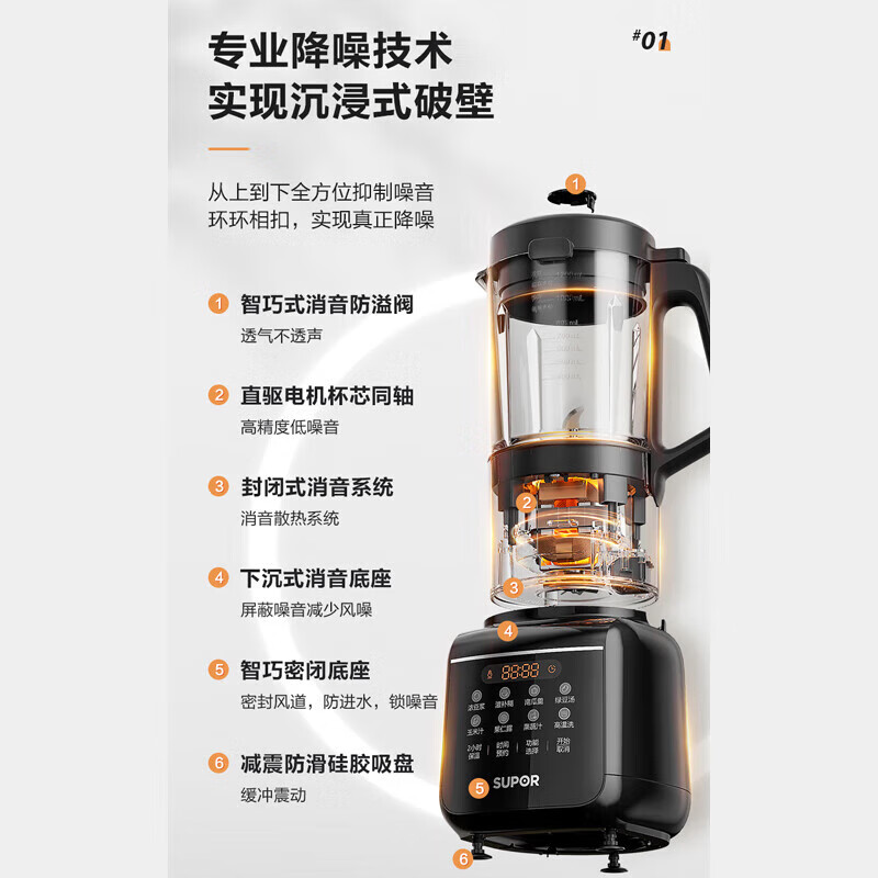 苏泊尔（SUPOR）破壁机家用豆浆机低音降噪2-3人全自动免过滤智能破壁料理机加热多功能榨汁机辅食搅拌机 SPJ001S